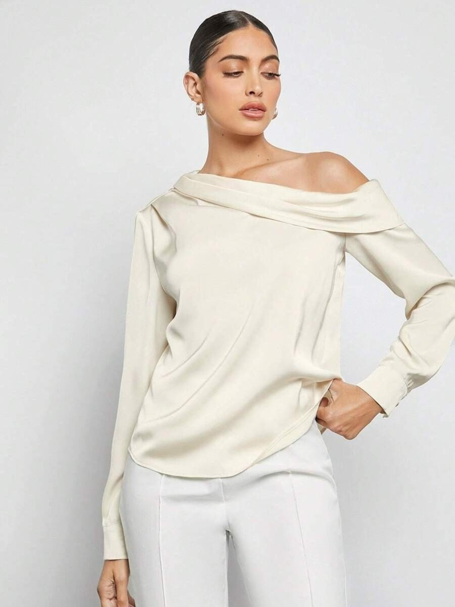 Export cross-border pleated satinshirttops spring and summer fashion  off-shoulder asymmetrical long-sleeved shirt women's clothing