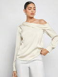 Export cross-border pleated satinshirttops spring and summer fashion  off-shoulder asymmetrical long-sleeved shirt women's clothing