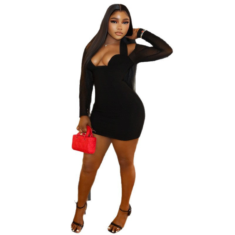Fashion style cross-border pure color silm women's sexy patchwork socialite hip skirt chest wrap mesh long sleeves short dress