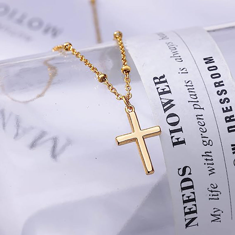 Aliexpress cross-border hot selling jewelry: 18k gold plated cross pendant necklace, fashionable minimalist beaded chain, women's short style