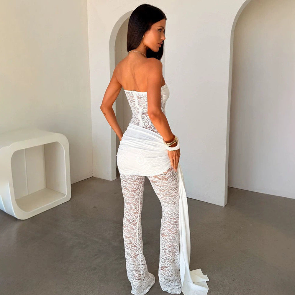 European and american style women's summer new sleeveless lace patchwork sexy see-through slim-fit backless flare jumpsuit