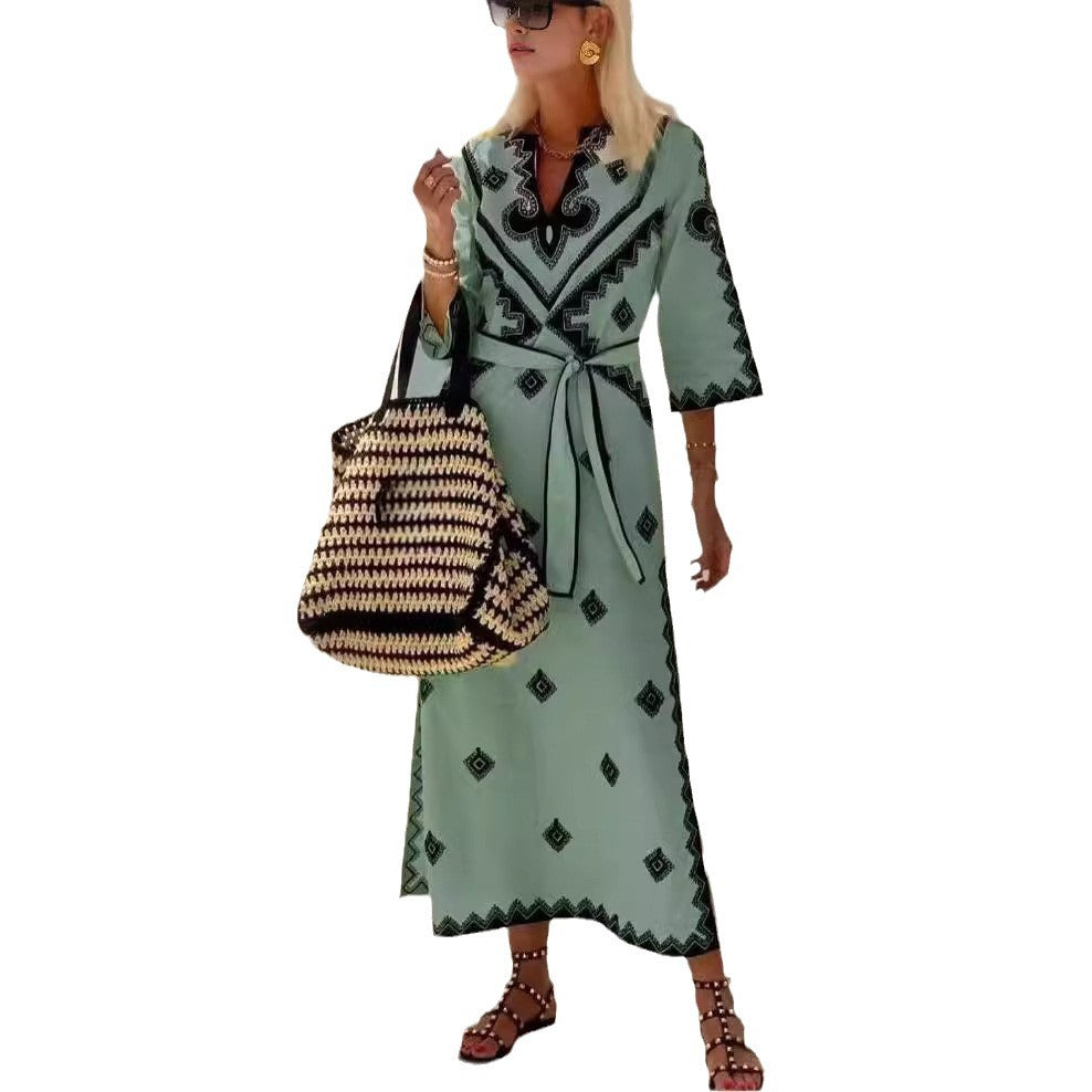 2025 aliexpress european and american autumn/winter new collection: printed belted bohemian dress for women