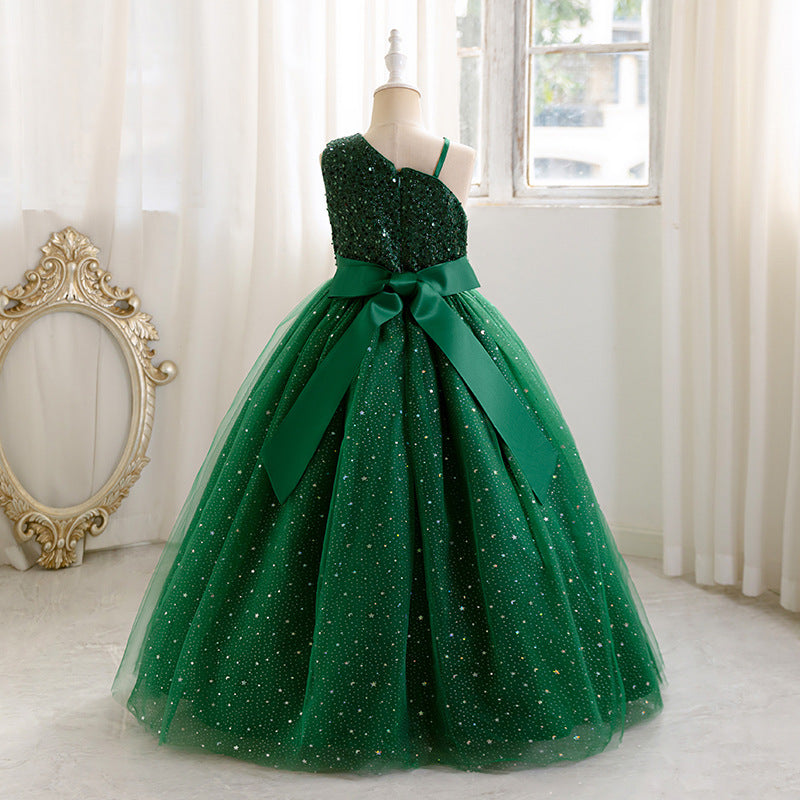 European and american style girls' evening gown - high-end, elegant, long, mesh tutu skirt, off-the-shoulder, sequin embellished, customizable, hot seller