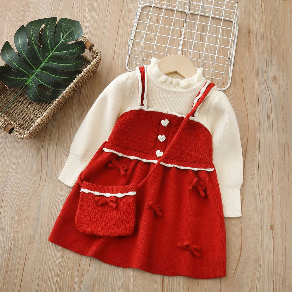 Girls' knitted bowknot dress - new  collection - baby faux two-piece princess dress - autumn/winter girls' dress