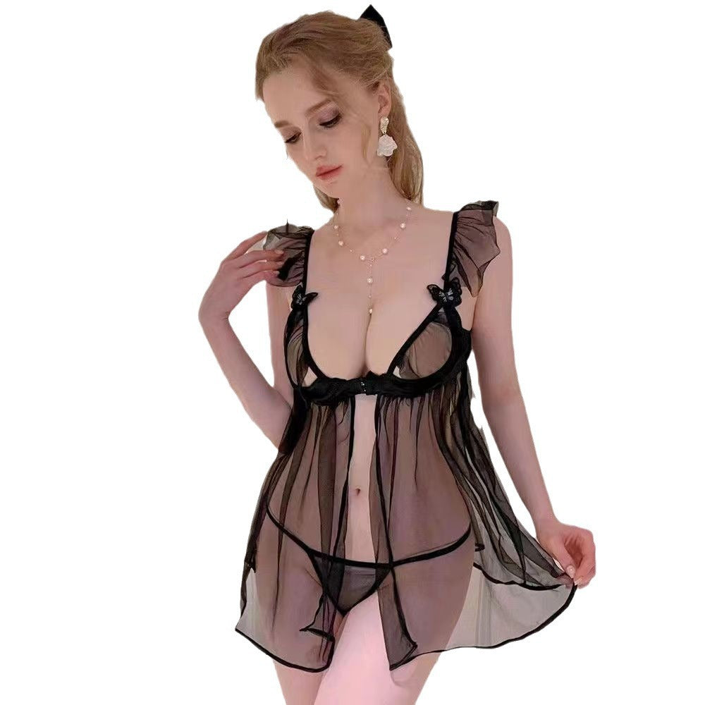 Sexy lingerie, passionate midday see-through front buttoned lace nightgown, sexy hot see-through suspender skirt
