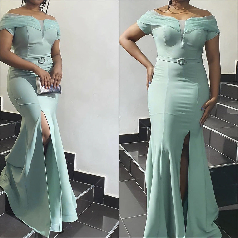 African foreign trade   women's plus size mesh off-the-shoulder ol commute sexy slit dress