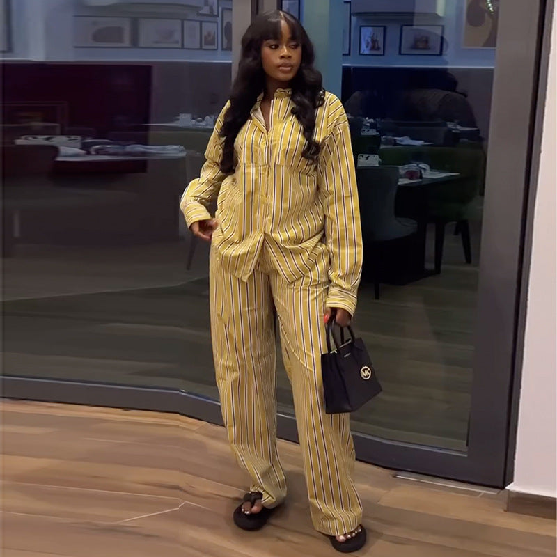 European and american cross-border women's fashion:  autumn new collection - stylish yellow striped long-sleeve shirt and wide-leg pants casual set