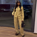 European and american cross-border women's fashion:  autumn new collection - stylish yellow striped long-sleeve shirt and wide-leg pants casual set