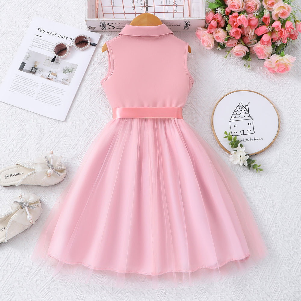 Girls' (sizes) solid color sleeveless turn-down collar mesh dress with woven belt