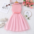 Girls' (sizes) solid color sleeveless turn-down collar mesh dress with woven belt