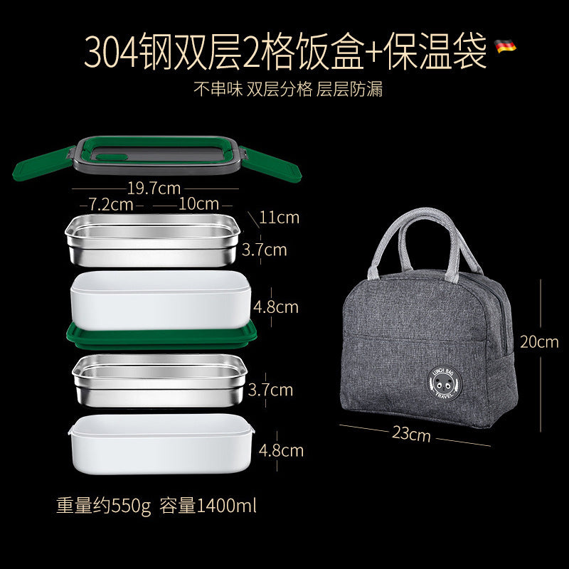 304 stainless steel water-added thermal insulation lunch box sealed fresh-keeping box double-layer grid bento box microwave oven portable lunch box