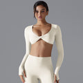 New women's activewear long sleeve top: deep v-neck, slim fit, breathable, trendy cropped yoga top for outdoor workouts
