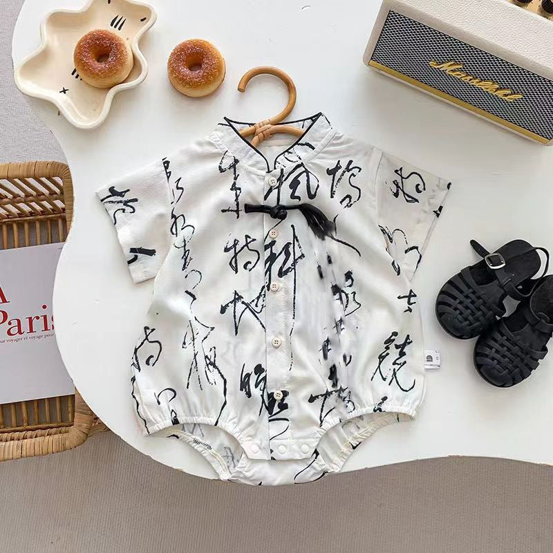 Baby summer clothes chinese style national trend one-piece super cute thin style baby boy summer handsome short sleeve outing clothes