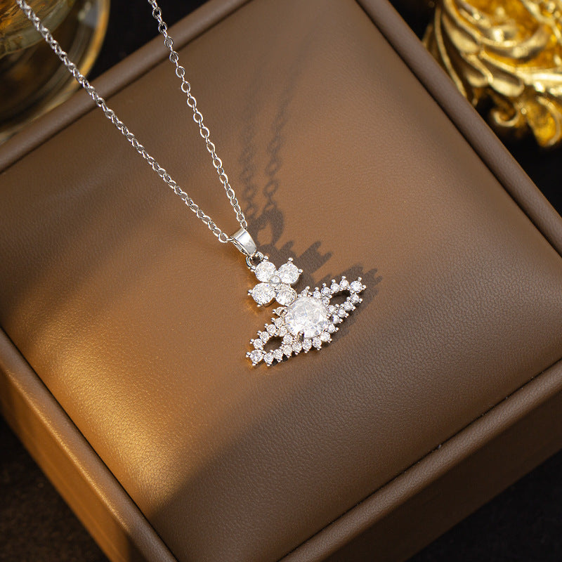 Classy micro-paved zircon saturn titanium steel necklace for women, queen mother clavicle chain, full diamond earrings, pendant jewelry set