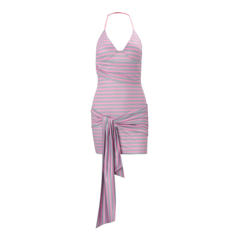 european and american women's clothing  summer new arrivals: ins style spicy girl halter v-neck striped tie-up bodycon mini dress