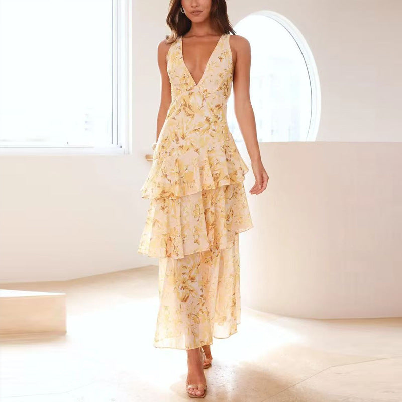 summer new arrivals: women's fashion - cross-border european & american style - elegant & chic printed, cinched-waist, backless dress