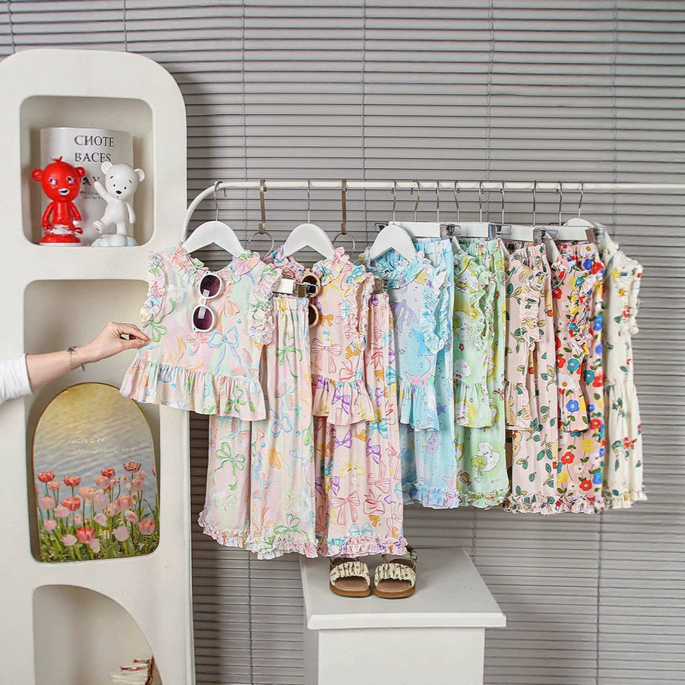 Girls' rayon outerwear set - cartoon print, loungewear, loose fit, breathable, cute summer lightweight lace pajamas