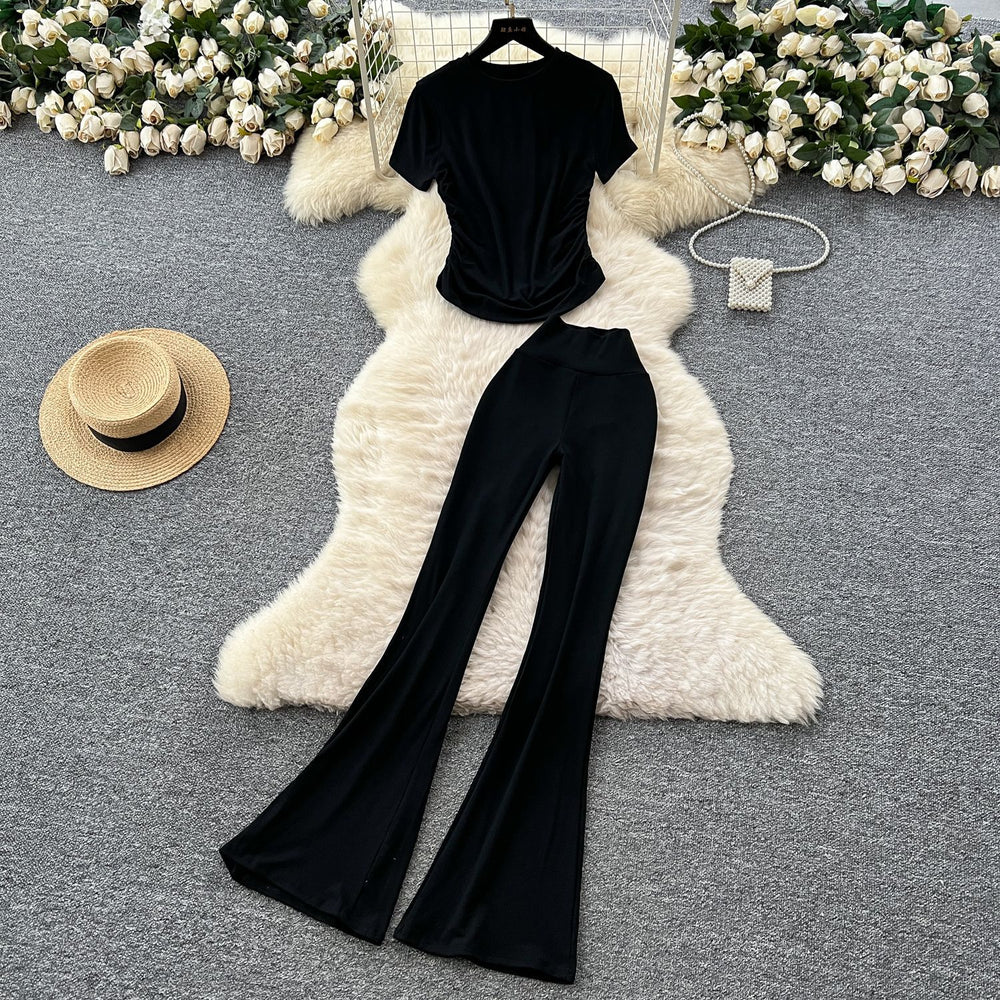 Fashionsuit women's summer sense of design pleatedsilm round neck short sleeve t-shirt tops high waist hip yoga pants