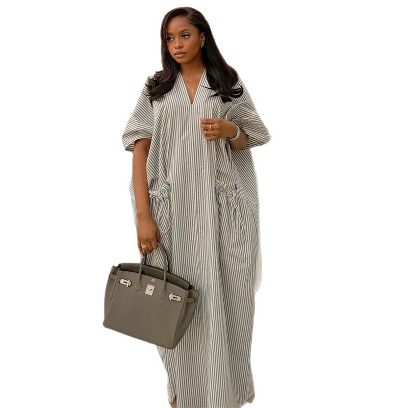 European and american cross-border women's fashion:  spring new arrivals - stylish, casual, loose-fit striped v-neck tie-waist maxi dress