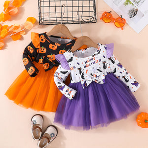 Halloween girls' pumpkin dress, girls' long-sleeve mesh princess dress, halloween party performance costume
