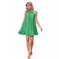 Amazon women's  new spring solid color ruched sleeveless stand collar bow tie elegant dress