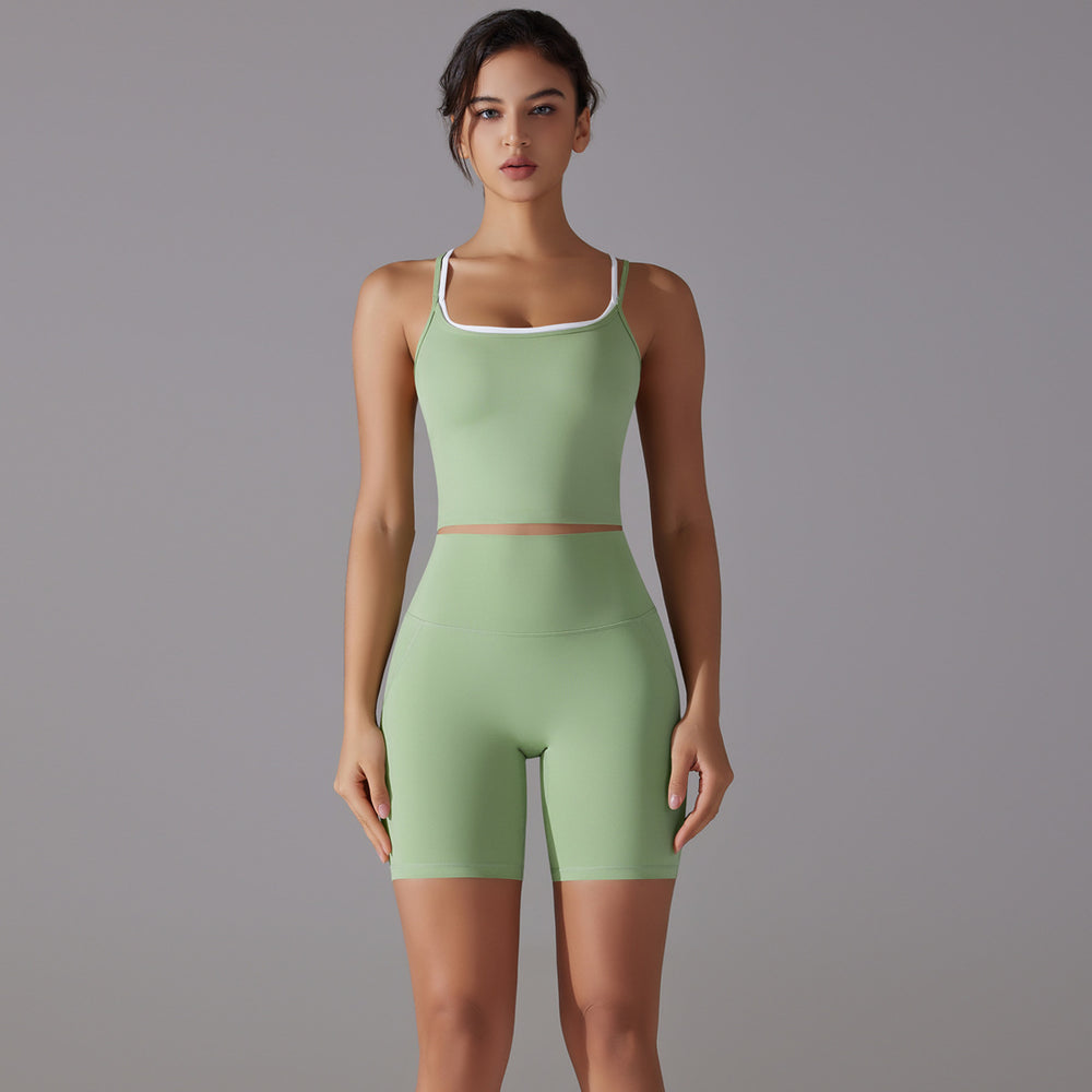 Nude nylon cross-back sports vest shorts suit free to wear underwear high waist sports fitness two-piece set for women