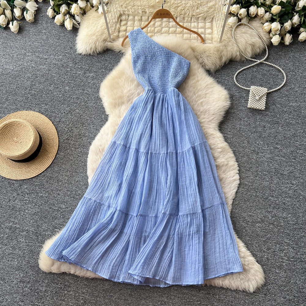 Accessible luxury socialite style sleeveless slanted shoulder silmdress women's summer pleated waist slimming look a-line skirtelegant dress