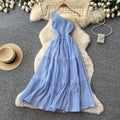 Accessible luxury socialite style sleeveless slanted shoulder silmdress women's summer pleated waist slimming look a-line skirtelegant dress