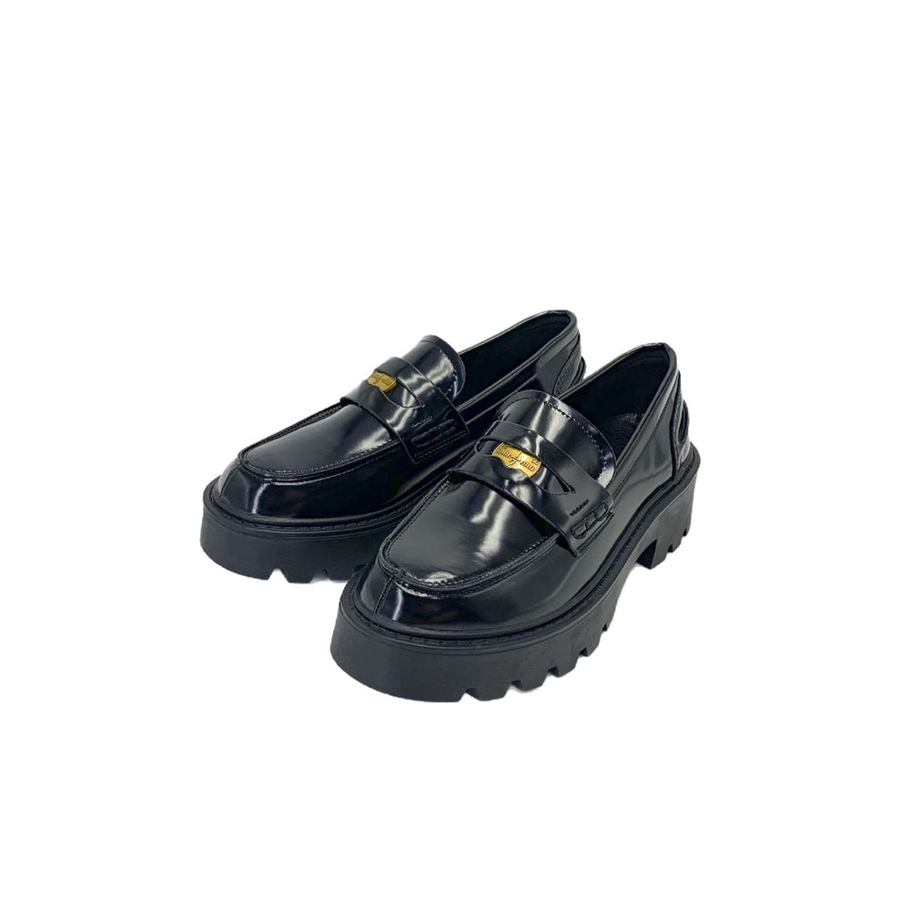 Grape mom's same style retro british style small gold coin single leather shoes thick heel thick sole round toe patent leather slip-on loafers