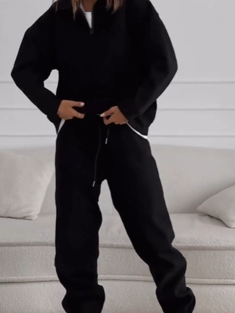 Cross-border independent station casual women's clothing fashion semi-turtleneck long-sleeved sweater sweatpants set loose solid color two-piece set women