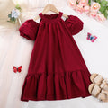 Girls' red summer dress - bubble sleeves, ruffle trim, bohemian style, off-shoulder party dress, korean style