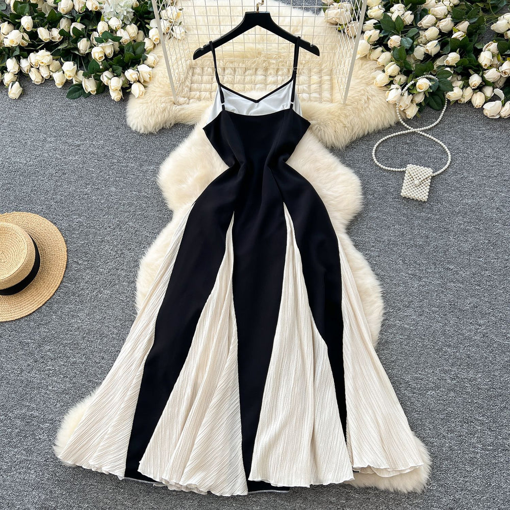 summerelegancesexy color matching suspender dress for women vacation style waist ruffles large swing dress long skirt