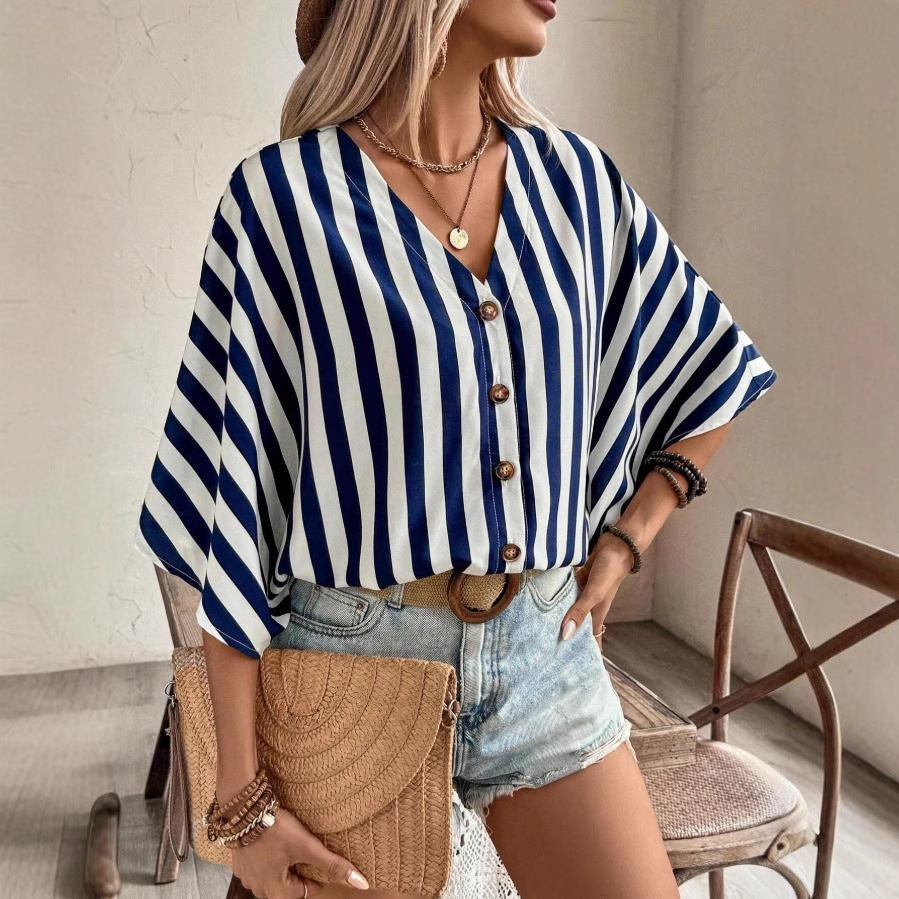 european and american cross-border  new autumn elegant v-neck loose short-sleeve printed solid color women's blouse
