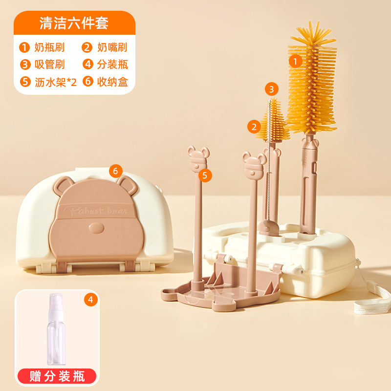 Special cleaning brush for baby bottles Silicone brush set Baby pacifier Straw brush Portable travel bag Drain rack