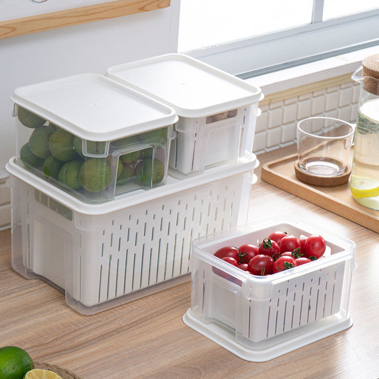 Refrigerator plastic crisper, kitchen fruits and vegetables fresh finishing, transparent sealing, double-layer drain stacking storage with handle