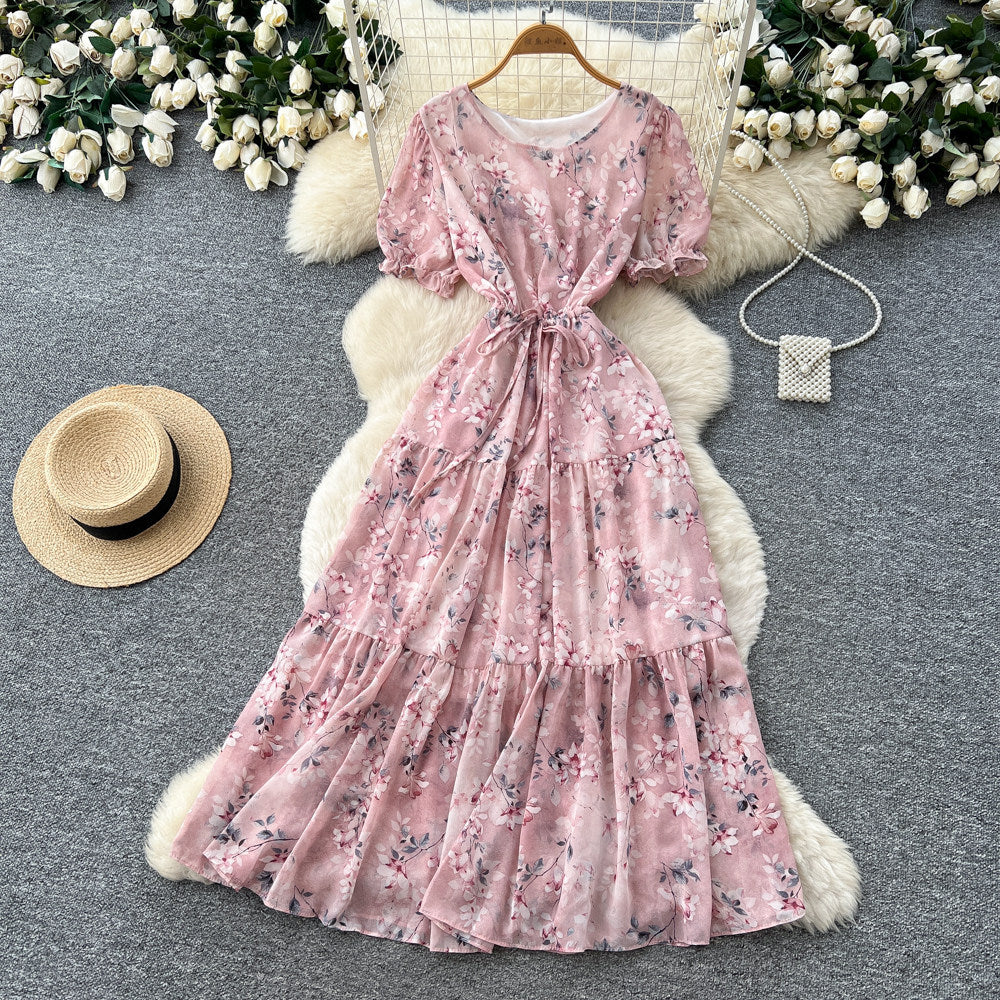 French floral v-neck dress - women's summer  collection: round neck, short sleeve, slim fit, ruffle hem, elegant maxi dress