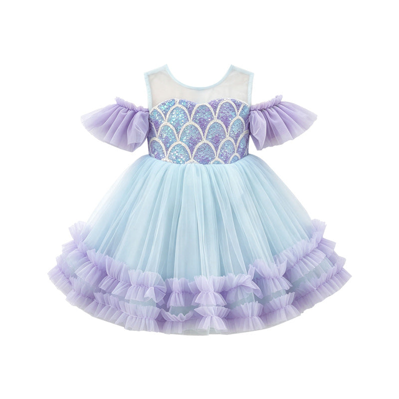 Wholesale rainbow floral princess dress for girls and toddlers - off-the-shoulder birthday dress, dance performance costume - in stock
