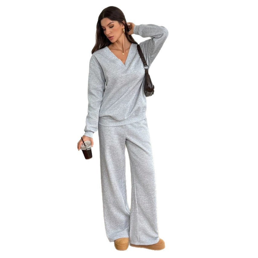 European and american  fall/winter new women's two-piece set: high-neck long sleeve top and wide-leg high-waisted pants casual sweatshirt set