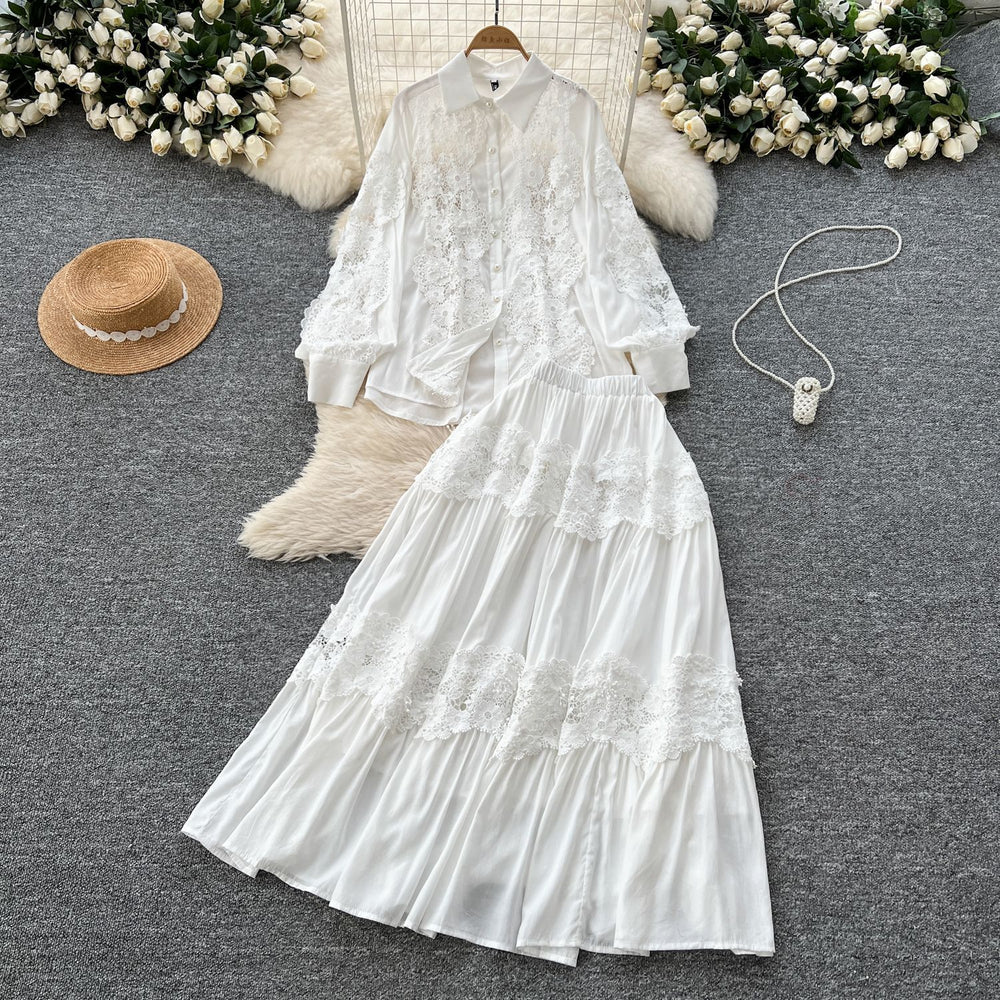 spring palace style two-piece set: women's french hollow-out lace embroidered long-sleeve blouse and high-waisted flared midi skirt
