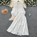 spring palace style two-piece set: women's french hollow-out lace embroidered long-sleeve blouse and high-waisted flared midi skirt