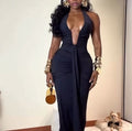 European and american cross-border women's fashion  autumn collection: solid color sleeveless halter neck v-neck sexy backless elegant maxi dress