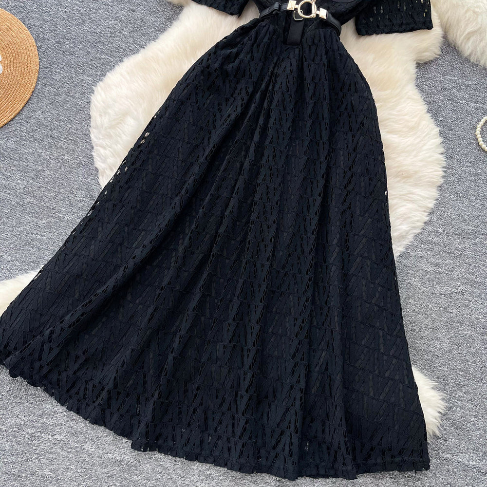 French chic black lace-trimmed dress - summer korean style short sleeve tie-waist slimming a-line maxi dress