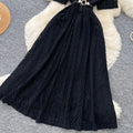 French chic black lace-trimmed dress - summer korean style short sleeve tie-waist slimming a-line maxi dress