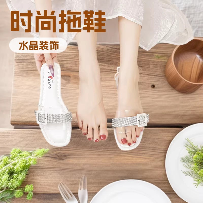 Women's flat slippers - clear straps with rhinestone square buckle, fashionable and versatile outdoor sandals, beach-ready french-style mules
