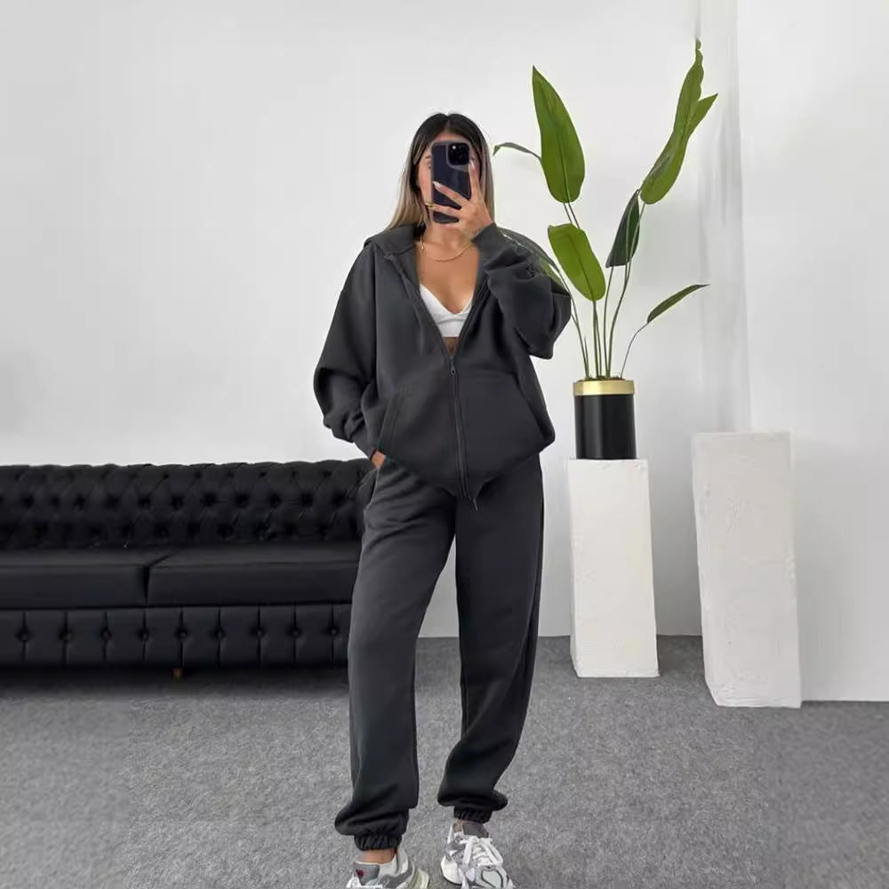 European and American independent station  autumn and winter  women's clothing fashion long-sleeved hooded sports cardigan casual trousers set