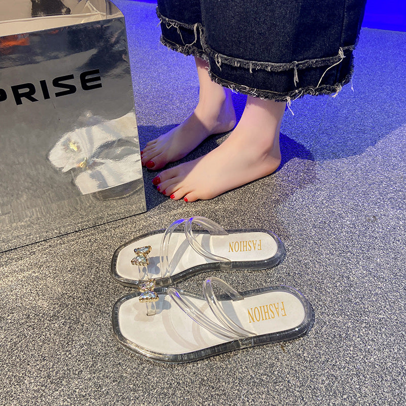 Summernew arrivalfashion crystal flip-flops women's outwear indoor non-slip popular rhinestone butterfly flip-flops