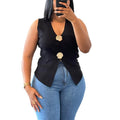 European and american women's clothing  autumn new sweet and fresh v-neck single-breasted waist-cinching slimming vest top