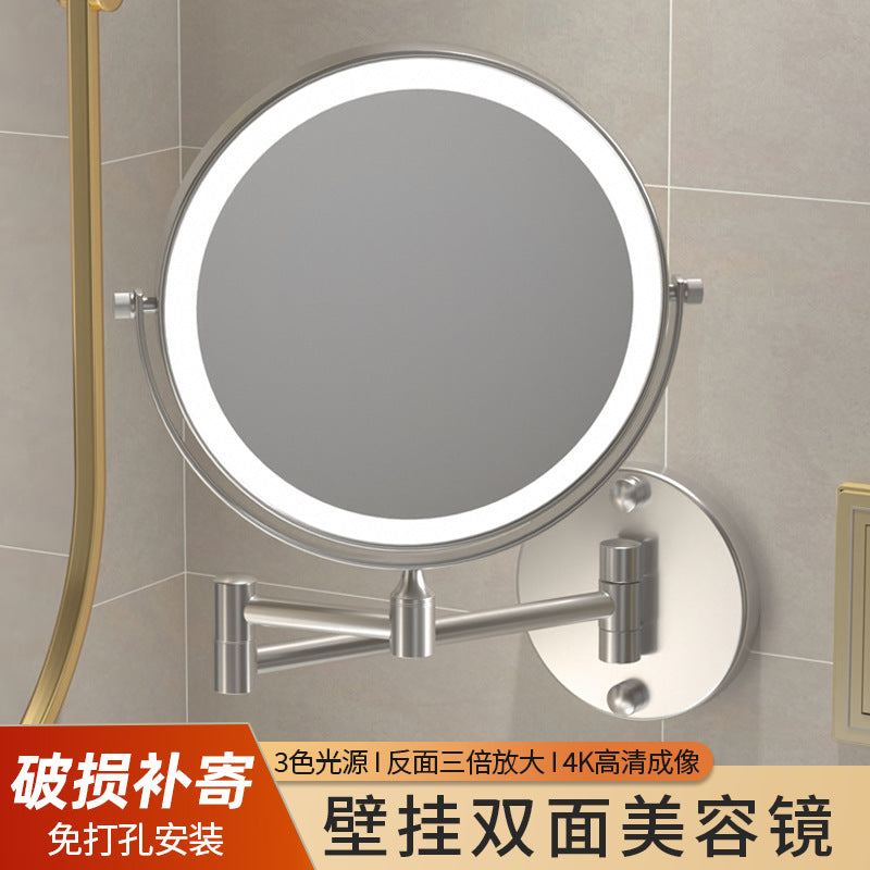 Punch-free wall-mounted folding makeup mirror for bathroom, magnifying, extendable, double-sided led lighted vanity mirror for hotel use