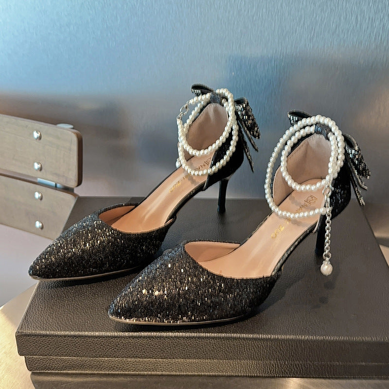 Silver high heel wedding shoes women's stiletto heel 2025 new pointed toe rhinestone bow two-wear beaded chain single shoes