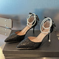 Silver high heel wedding shoes women's stiletto heel 2025 new pointed toe rhinestone bow two-wear beaded chain single shoes